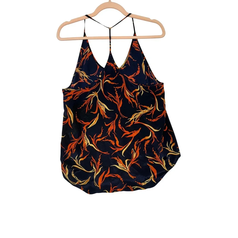 L'AGENCE Jane Silk Cami Tank Top Navy Blue Orange Wheat Floral Print Medium